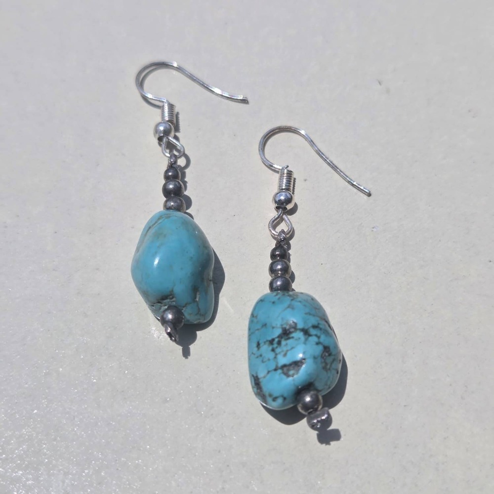 Vintage Sterling Silver Turquoise Nugget Dangle Earrings Blue Southwestern